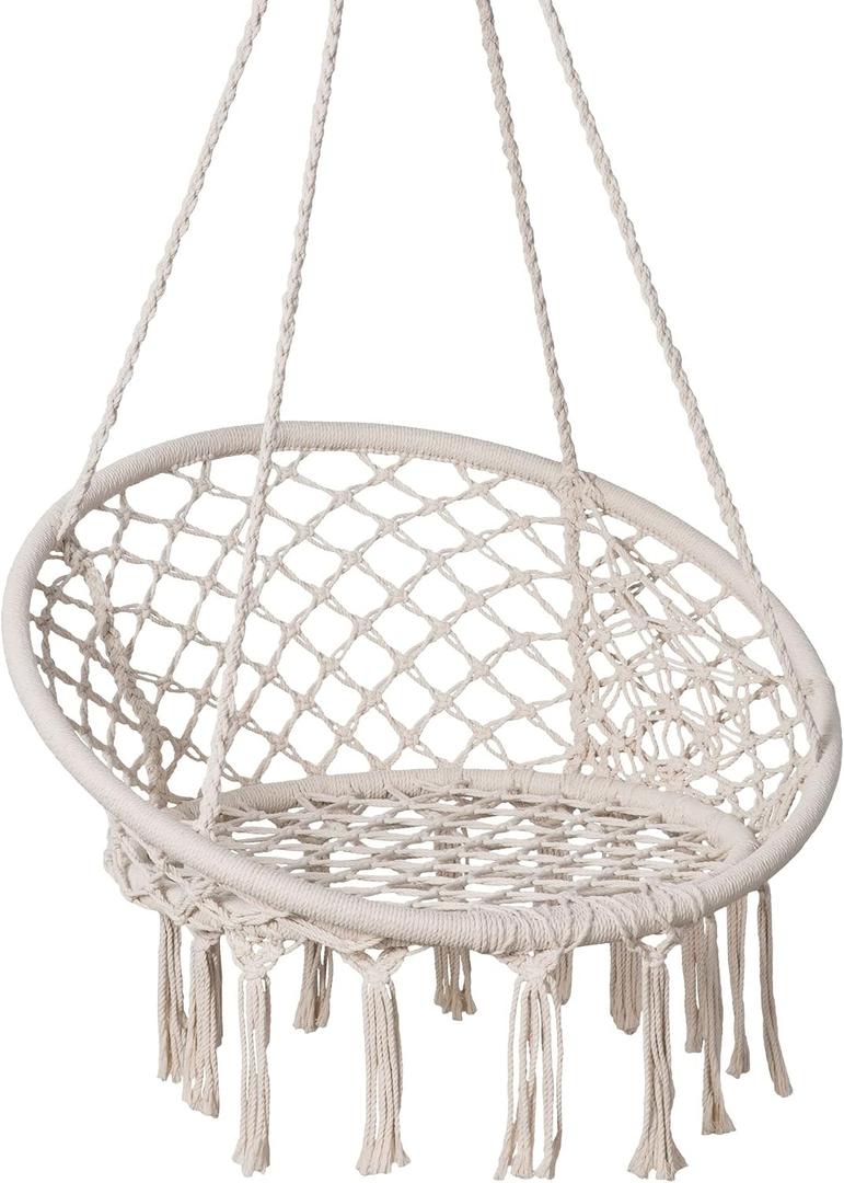 Hammock Chair Macrame Swing with Side Pocket, Beige