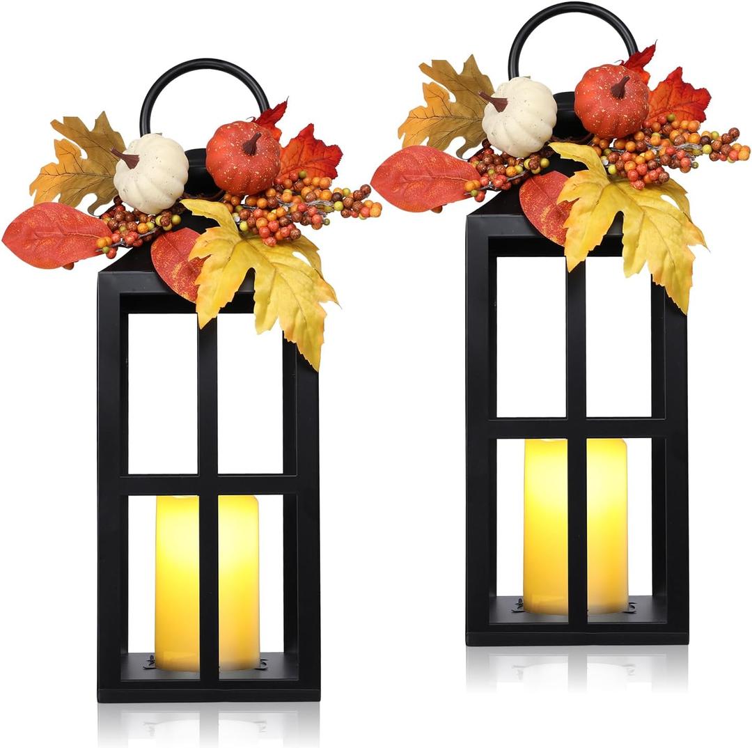 Fall Lanterns Decorative Indoor Outdoor, 2 Pack Hanging Harvest Lantern with LED Candle, 18 Inch Autumn Flameless Lights with Pumpkin and Maple Leaf for Thanksgiving Table Centerpiece Home Decor