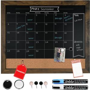 Loddie Doddie Chalkboard Calendar & Bulletin Combo - 18" x 24" Rustic Frame, with Chalk Markers, Push-Pins, Magnets, Blackboard - Kitchen Wall Calendar Organizer