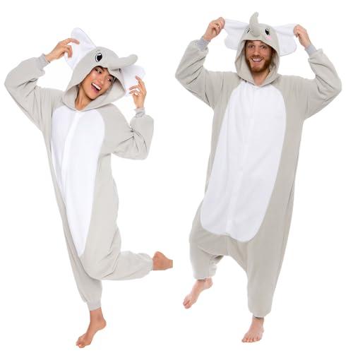 Funziez! Adult Onesie Halloween Costume - Animal Dinosaur Shark - Unisex Plush One Piece Cosplay Suit for Adults, Men and Women (Large, Elephant), 