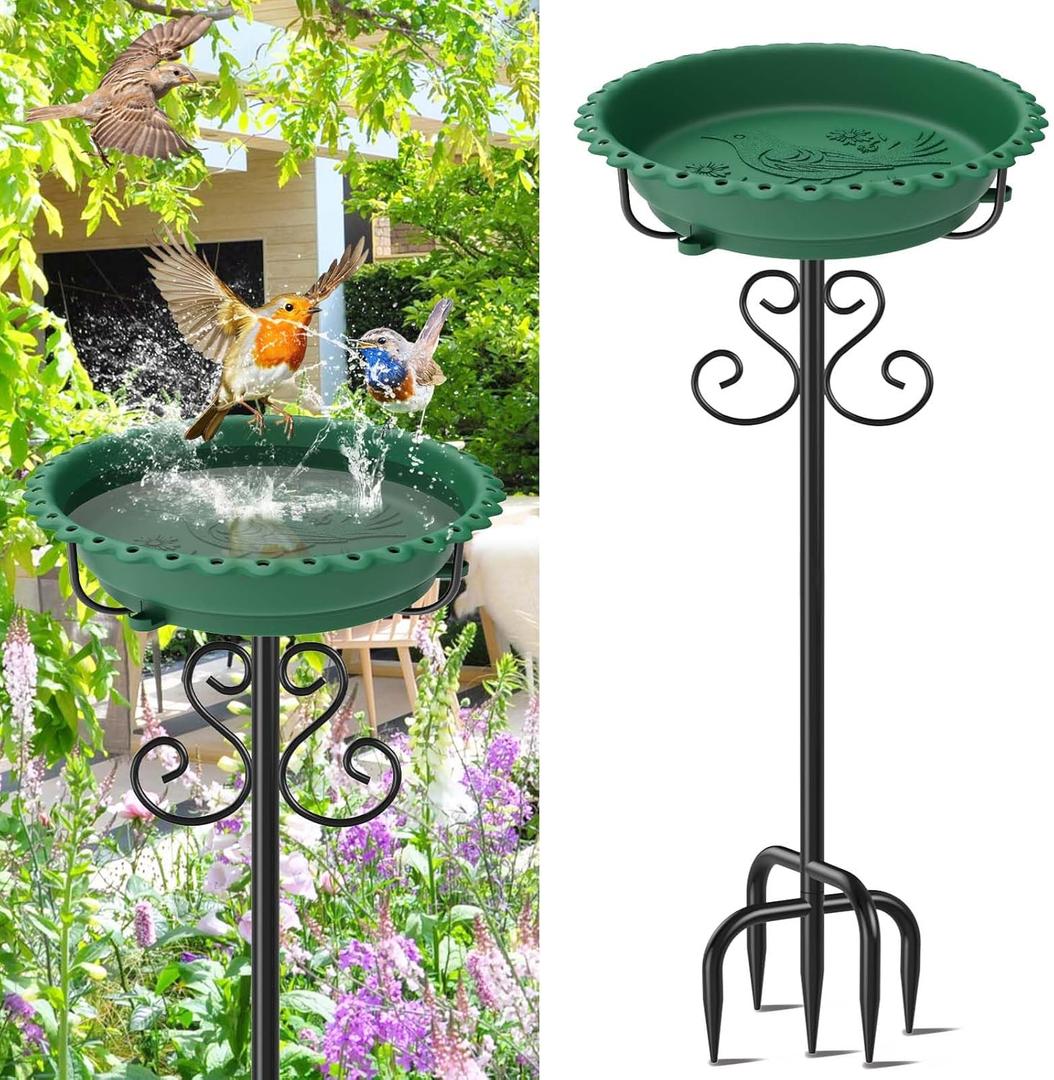Bird Bath for Outside,40In Vintage Freestanding Bird Feeder Birdbaths for Outdoors, Bird Bath Detachable Plastic Bowl for Garden Patio Yard Lawn Decor, 5-Pronged Base & Easy to Clean (Green)