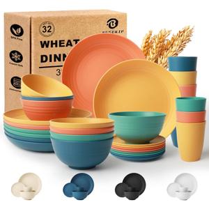Wheat Straw Dinnerware Sets for 8, Unbreakable Plates and Bowls Sets for 8, 32-Piece Dishes Set, Microwave Safe Plastic Plates Reusable, Cups and Bowls Sets for Kitchen, Outdoor - Multi