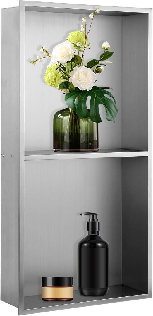 Shower Niche 12"x24", Two-Tier Recessed Brushed Nickel Wall Niche, Stainless Steel Cabinet Insert Tile Ready, NO Tile Needed for Waterproof Wall Storage