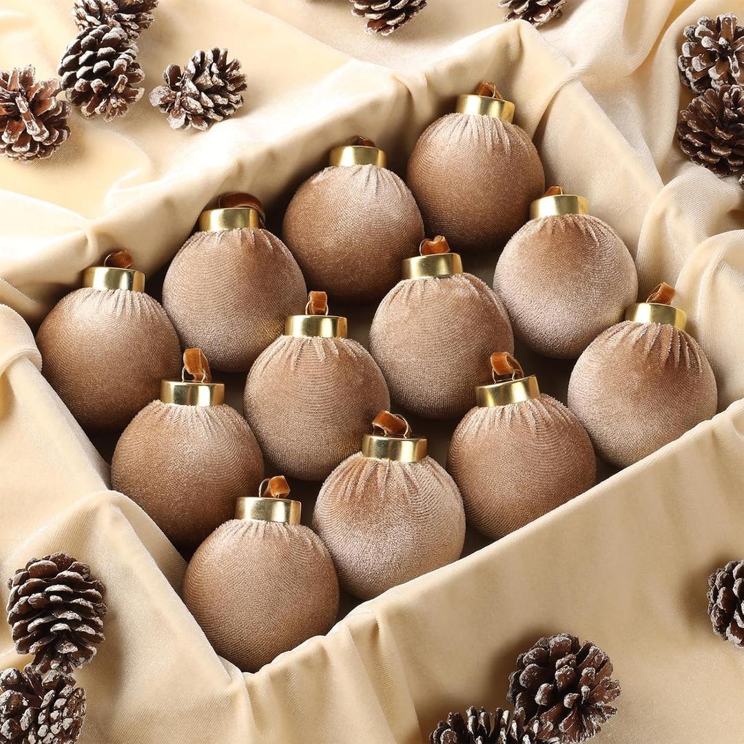 12 Pack Velvet Christmas Ball Ornaments Large Flocked Christmas Tree Hanging Ornaments Shatterproof Flocked Decorative Balls for Xmas Tree Decorations (Earth Brown, 2.36inch)