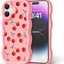 Compatible with iPhone 17 Case for Women Girls, Curly Wavy Frame with Cute Pattern, Aesthetic Slim Soft Silicone TPU Bumper Shockproof Phone Case for iPhone 17 - Bow Cherry