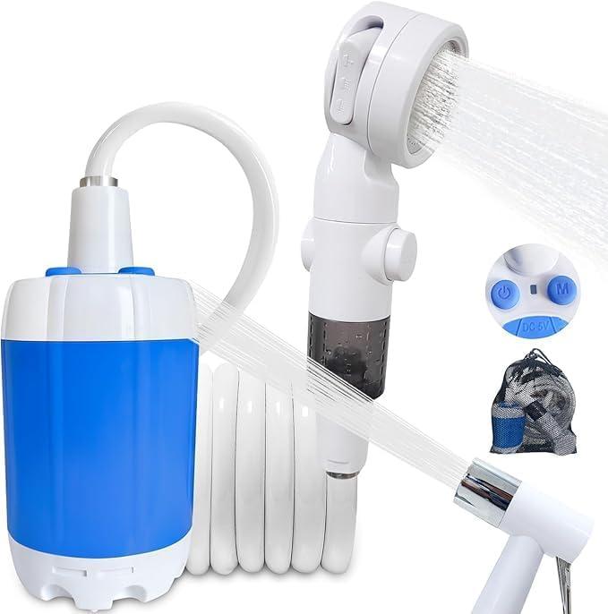 Portable Camping Shower Outdoor Camp Shower Pump,Upgrade Rechargeable Electric Shower Pump with Intelligent Digital Display Multiple Spray Modes for Camping, Hiking, Traveling,RV (Blue)