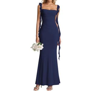KUTUMAI Elegant Long Formal Wedding Guest Dresses for Women 2026 Ruffle Bodycon Cocktail Party Maxi Dress (Black, L)