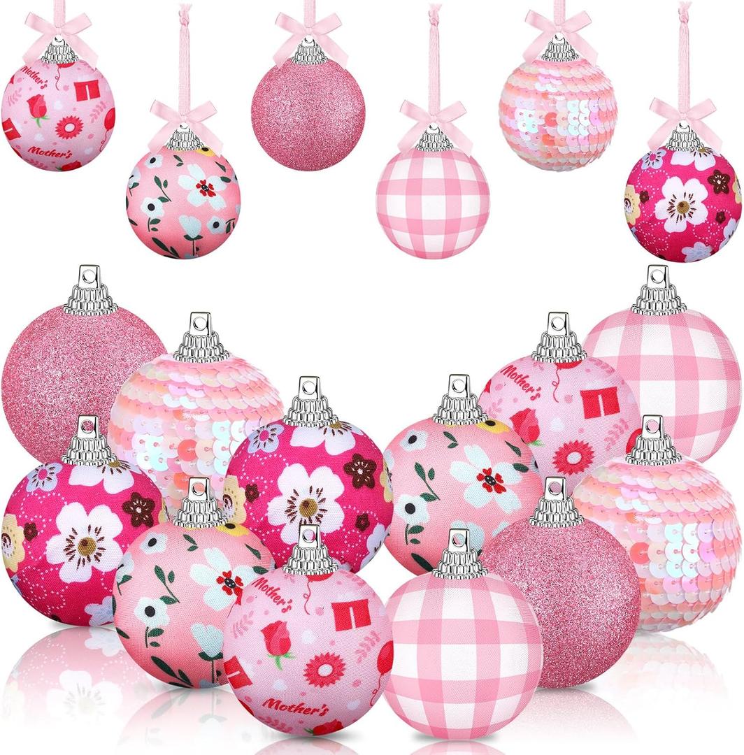 12 Pcs Mothers Day Decorations Mothers Day Tree Ornaments Hanging Pink Ball Decorations Spring Gifts for Mom's Happy Party Decor to Celebrate with Love and Joy(Mother)