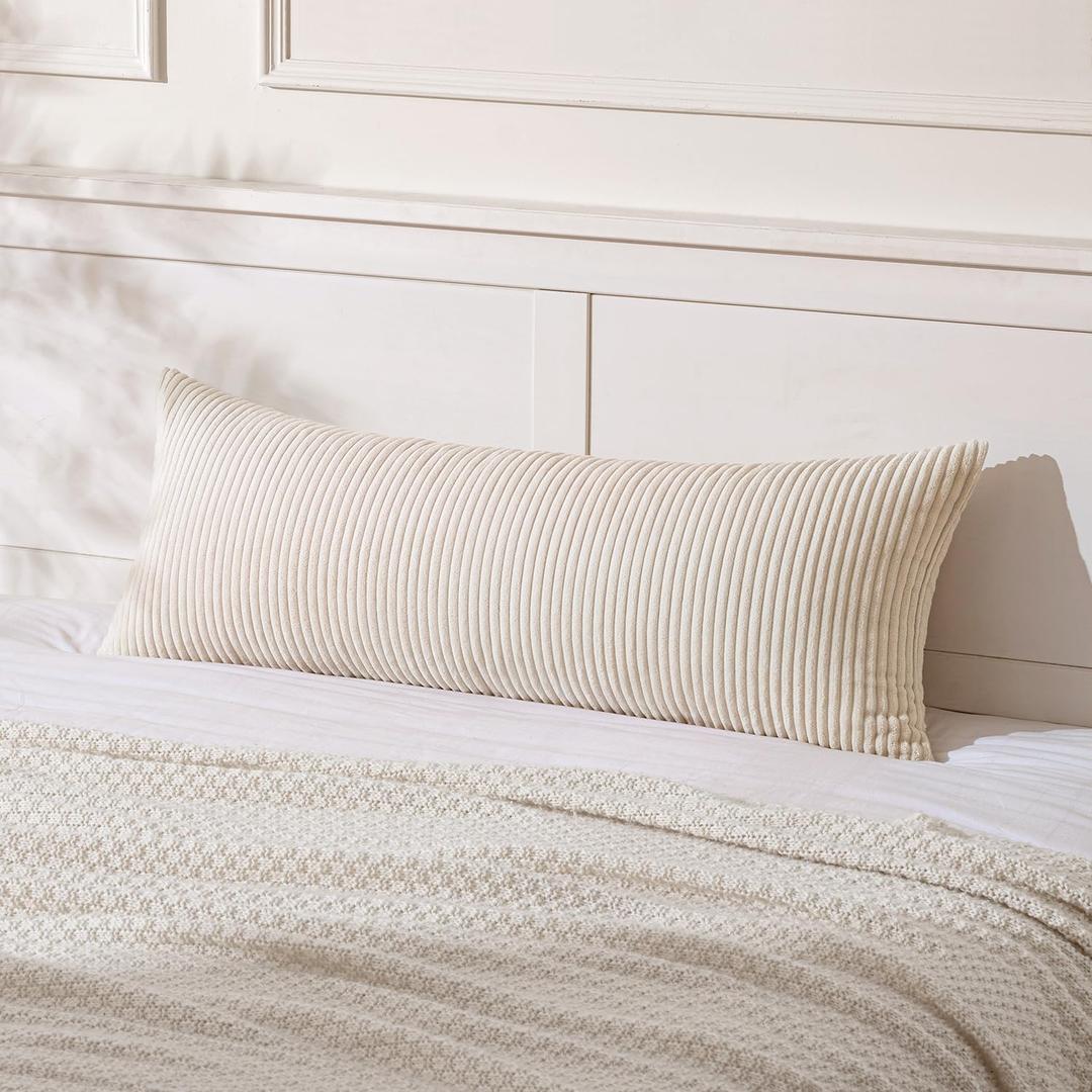 MIULEE Decorative Long Body Lumbar Throw Pillow Cover 14x36 Inch for Bed Couch Bedroom Bench, Soft Corduroy Rectangle Cream White Pillow Case for Bedroom Living Room Couch (Cover ONLY, Pack of 1)