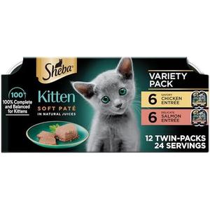 Sheba Perfect Portions Kitten Wet Cat Food Pate Chicken Entree and Salmon Entree, 2.6 oz. Twin-Pack Trays (12 Count, 24 Servings), Pack of 2, Best Before 09/04/27