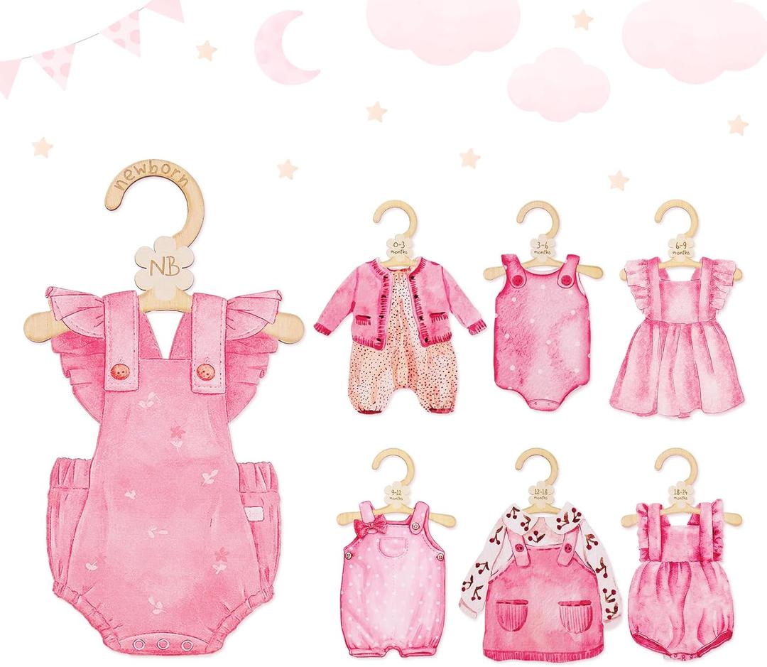 7Pcs Girl Clothes Wood Baby Closet Dividers Lovely Pink Hanging Closet Organizer Newborn to 24 Month Infant Wardrobe Organizer for Home Nursery Baby Shower