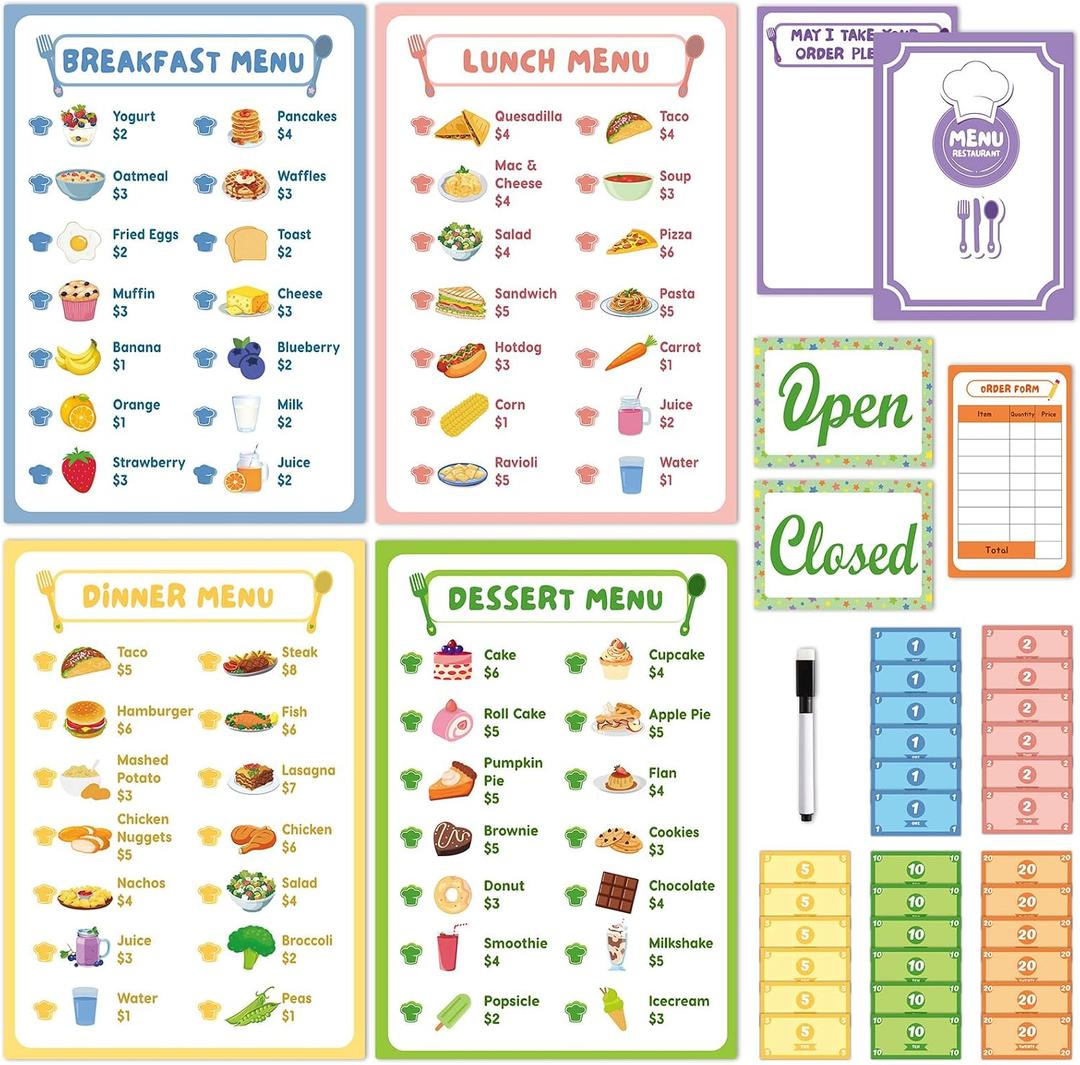 36Pcs Pretend Play Restaurant Menus Set for Kids Kitchen Food Diner Order Pads 4 Pretend Menus 1 Open/Close Sign 30 Play Money 1 Erasable Pen for Toddlers Girl Boy Role Plays Accessory Birthday Gift