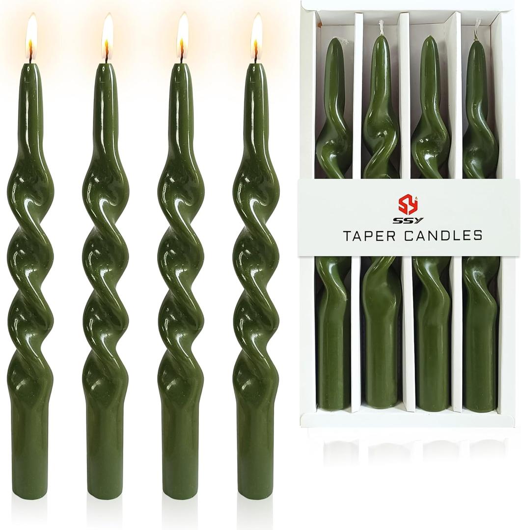 10 Inches Spiral Taper Candles Sticks Olive Green Twisted Candle Dripless Unscented Long Candles, Handmade Candlesticks for Wedding Dinner Decor, Set of 4