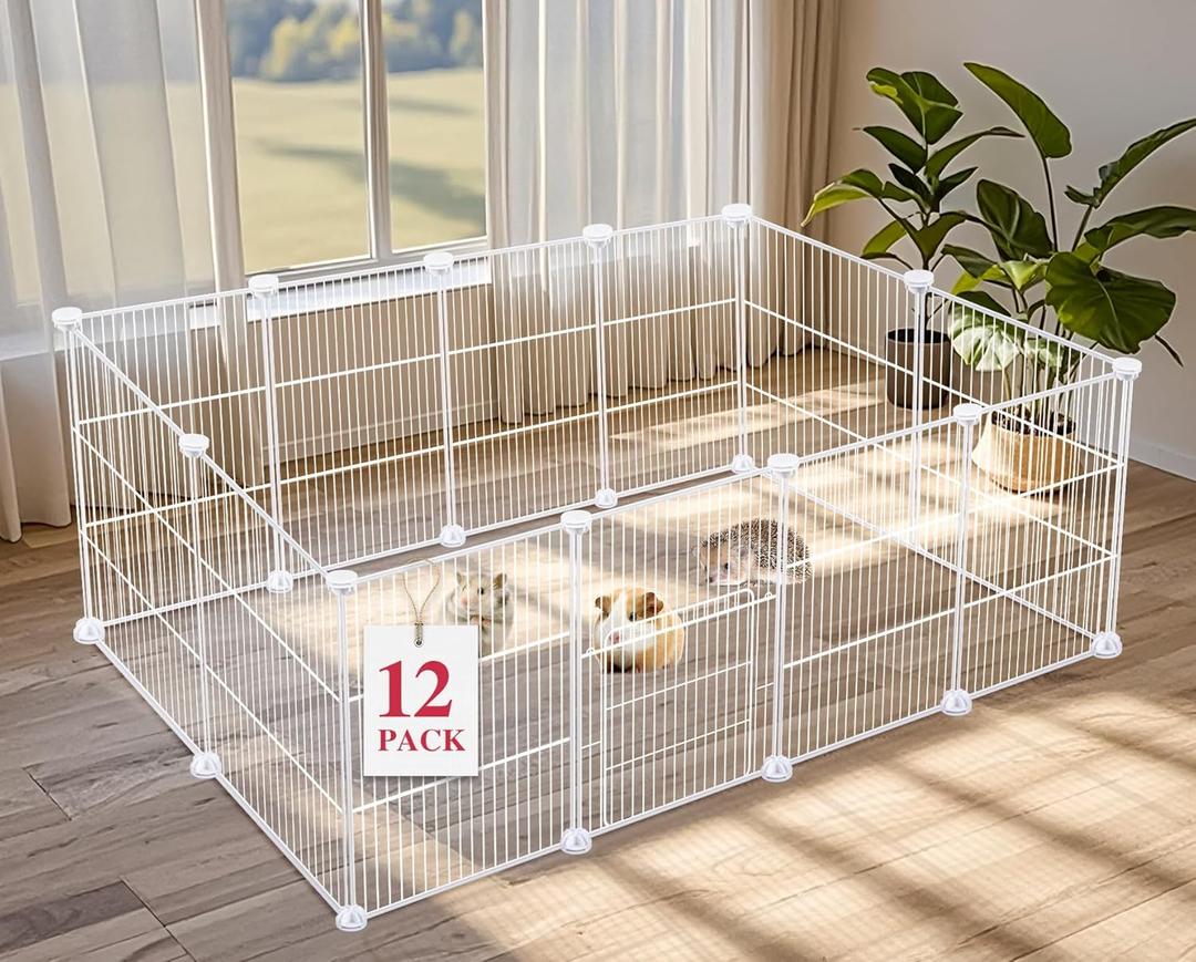 12 Panels Small Animal Playpen,Pet Playpen,C&C Cage for Guinea Pigs,Puppy Play Pen,Bunny Playpen Indoor Outdoor, Portable Metal Wire Yard Fence(White)