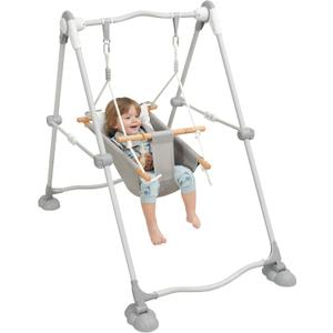 Baby Swing Set with Stand for Infant,Indoor Toddler Hammock Swing with 5-Point Safety Harness,Foldable Metal Frame, Macaron Wooden Toy,Grey and White