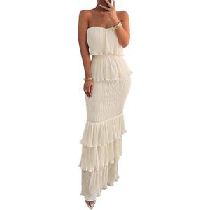 SEMATOMALA Women's Boho Tube Top Tiered Ruffle Slim Fitted Maxi Dress Smocked Vacation Holiday Long Dress XL White
