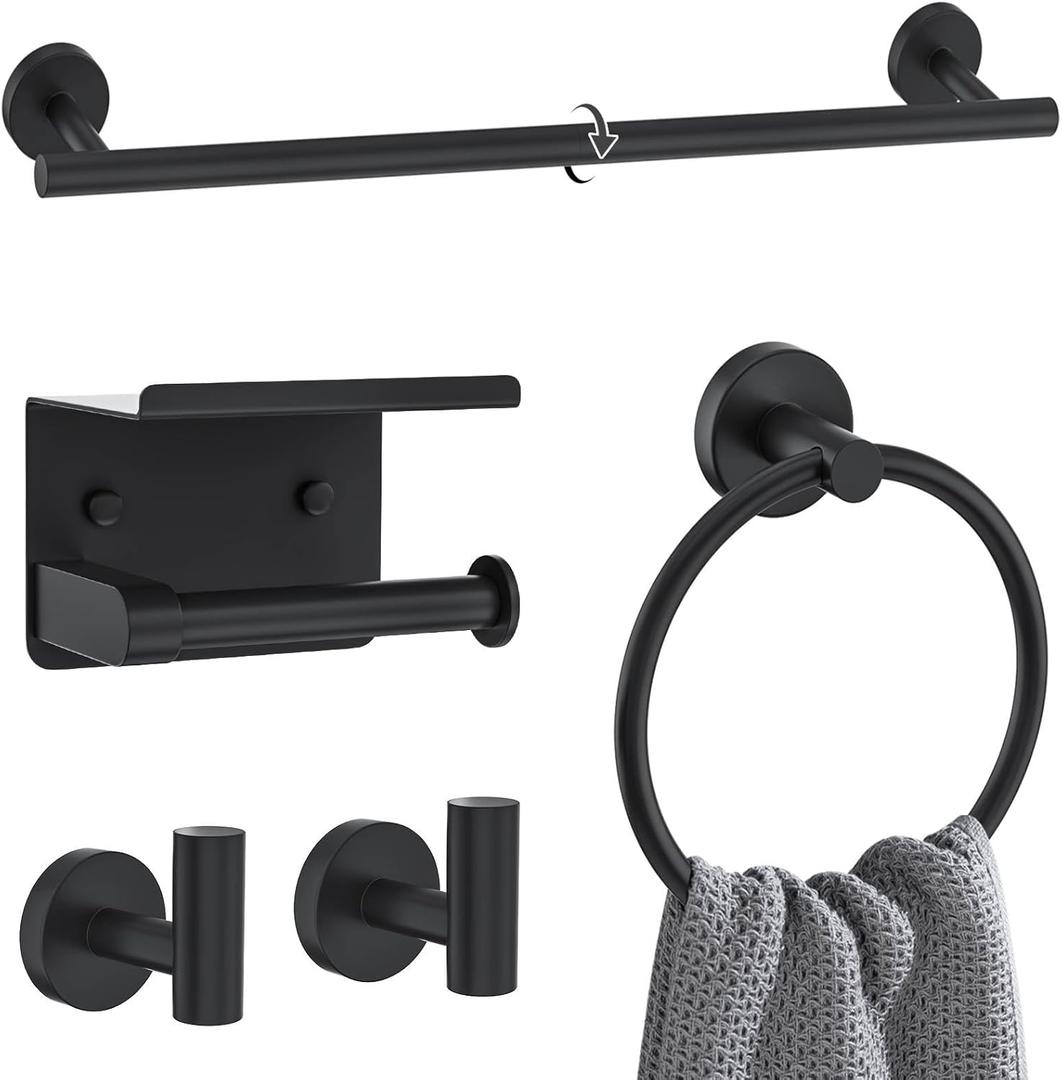 Matte Black Towel Bar Set 5 Pieces Bathroom Hardware Accessories Set Round Towel Holder Set for Bathroom Upgraded Toilet Paper Holder Stainless Steel Wall Mounted Towel Rack Set,23.6 Inch