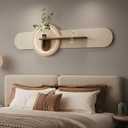 3D Textured LED Horizontal Wall Art Decor for Living Room, Large Lighted Minimalist Beige Cream Sandstone Wall Decor with Shelf, Modern Backlit Sculpture Artwork for Bedroom, Dining Room, Office