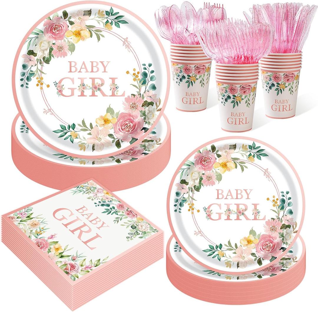 350 Pieces Baby Shower Decorations for Girl Serves 50 Guests, Floral Disposable Dinnerware Set, Pink and Rose Gold Paper Plates Cups Napkins with Plastic Cutlery