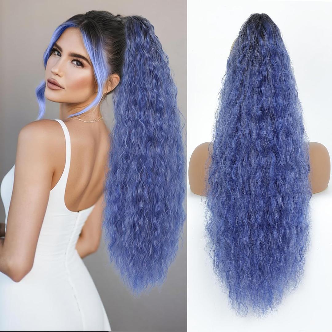 Claw Clip in Ponytail Extension 30 Inch Long Wave Curly Pony Tail Hair Extensions for Women fluffy Natural Looking Synthetic Hairpiece for Daily Use(Omber Black to Haze Blue, 30Inch)
