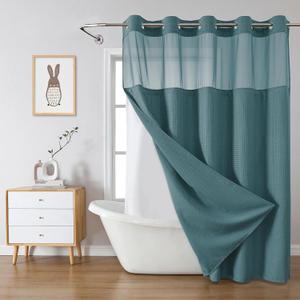 SeawedGreen No Hook Waffle Weave Shower Curtain with snap-in Liner Replacement, 230GSM Waterproof Fabric Hotel Shower Curtain Set for Bathroom, Through Mesh Top Window,71Wx74H