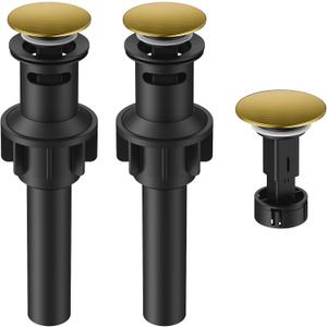 Bathroom Sink Drain with Overflow, Hurran Universal Bathroom Sink Stopper for Bathroom Vanity Vessel Sink, Plastic Pop-up Sink Drain with Hair Catcher Anti-Clog Strainer, 2 Pack, Brushed Gold