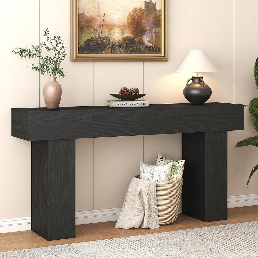 63 Inch Long Console Table for Entryway, Farmhouse Wood Rectangular Sofa Table Behind Couch Table, Narrow Entryway Table for Living Room, Entrance, Hallway, Foyer, Easy Assembly (Charcoal Black)