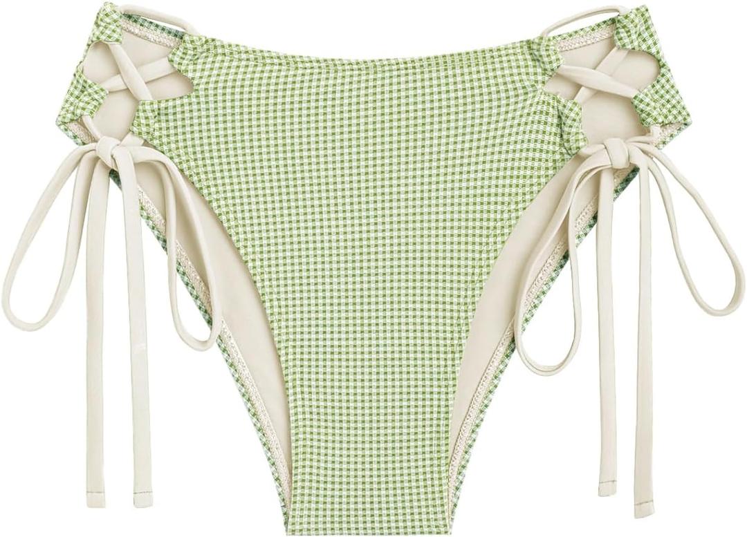 seamoly Vintage Gingham Lace Up Side Hipster Tankini Bottom (Medium, Light Green)