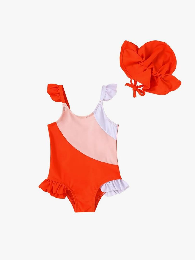 Toddler Bathing Suit with Hat Baby Girl Color Block Summer Sleeveless Swimsuit Kids Beach Swimwear 2-3 Y