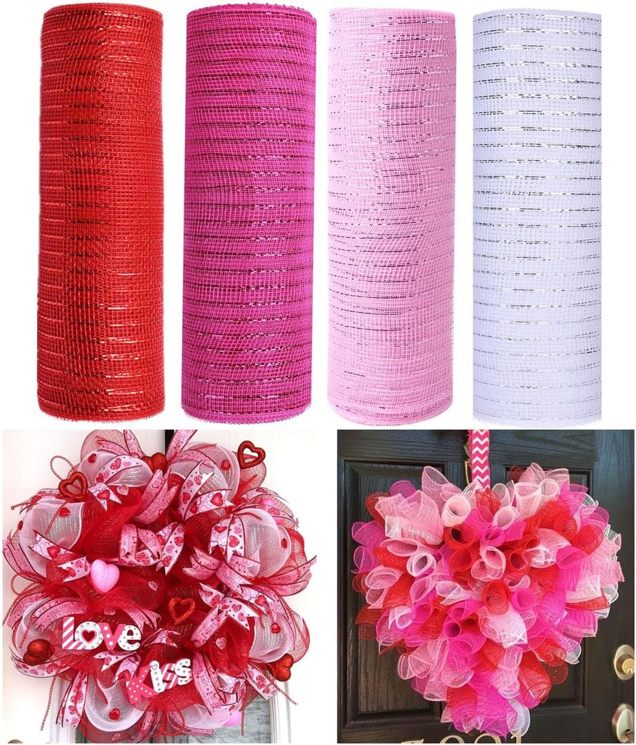 4 Rolls Deco Mesh Ribbon for Valentines Day Wreath Making Supplies, 10Inch x 30Ft Metallic Burlap Mesh White Pink Red Deco Mesh Rolls for Spring Wedding DIY Crafts Wreaths Swags Decorating