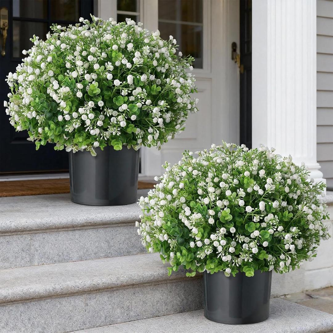 Artificial Eucalyptus with Baby's Breath Topiary Ball Trees - 2 Set Plastic Faux Eucalyptus Plants in Pot, Sun Resistant Fake Greenery Potted Bushes for Front Door Farmhouse Garden Porch Decor