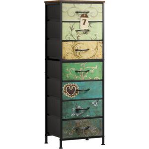 WLIVE Tall Dresser for Bedroom, 7 Drawer Dressers & Chests of Drawers, Fabric Dresser for Closet, Living Room, Night Stand with Metal Frame, Storage Tower with Fabric Bins, Wood Top, Floral Painted