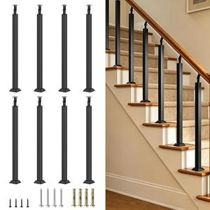 Black Metal Stair Railing Post, Side/Front Mount Baluster Spindles with 270° Adjustable Bracket, Perfect for Indoor Stairs, Deck, Porch and Balcony Railing, Front, 33.46inch, 8 Pack