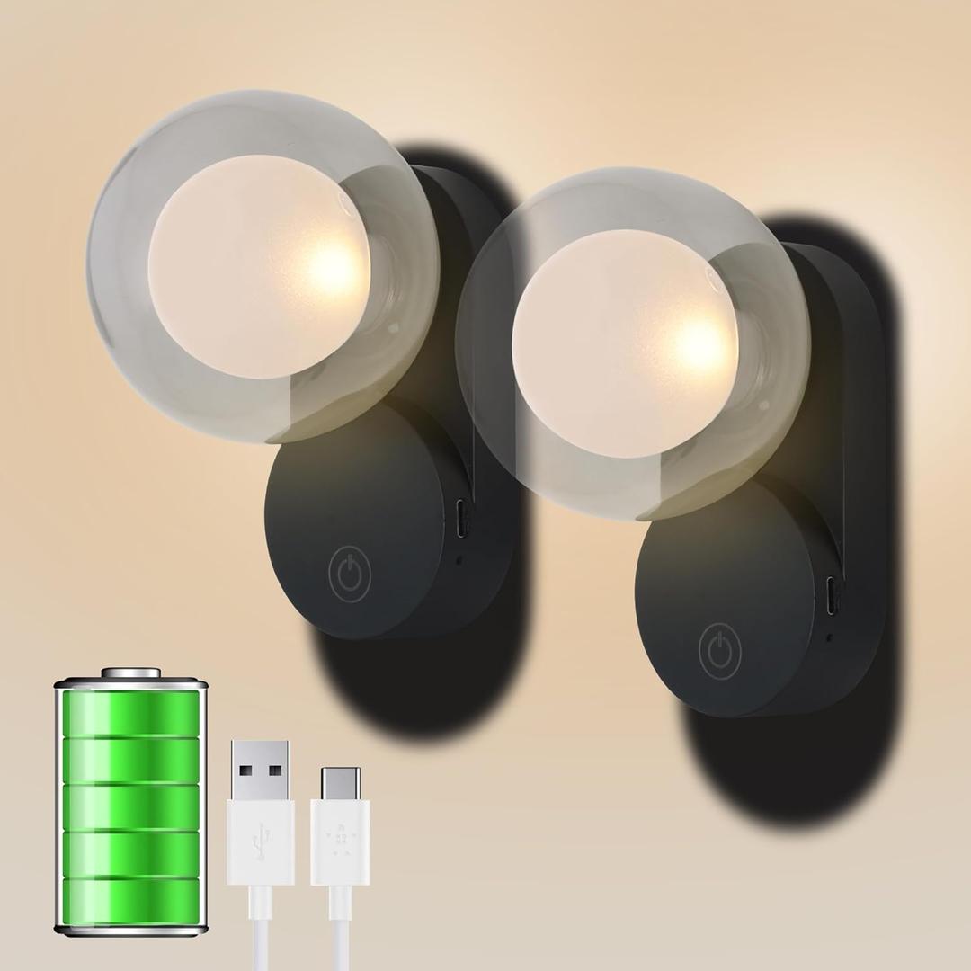 LED Battery Operated Wall Sconce, Wireless Small Magnetic Rechargeable Night Light 3 Color Lighting Dimmable Mordern LED Wall Mounted Night Light for Bedroom Babyroom Black 2pcs