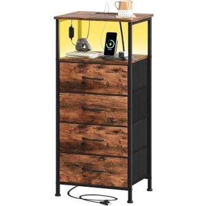 Somdot Tall Nightstand with Charging Station and LED Light for Bedroom, 4 Drawers Dresser with Fabric Bins for Bedside Kids Dorm Room Closet Laundry Entryway, Wood Grain Print