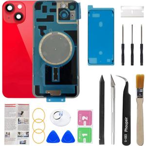 OEM Back Glass Replacement Compatible with iPhone 14 6.1 Inches with Camera Frame and Camera Lens + Professional Repair Tool Kit and Installation Instruction (Red)