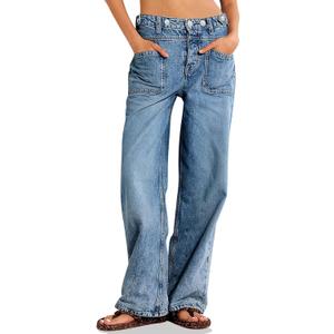 PLNOTME Womens Cuffed Wide Leg Jeans Boyfriend Casual Mid Rise Denim Pants with Pockets Navy, Size: 6