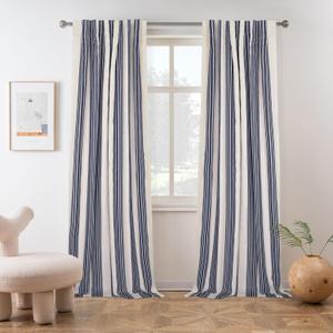 DriftAway Chris Linen Blackout Curtains with Thermal and Sound Reducing Layer 84 Inches Long for Bedroom Striped Printed Drapes Thermal Insulated Lined Window Treatment for Living Room Linen Dark Blue (52"W x 84"L (Pack of 2))