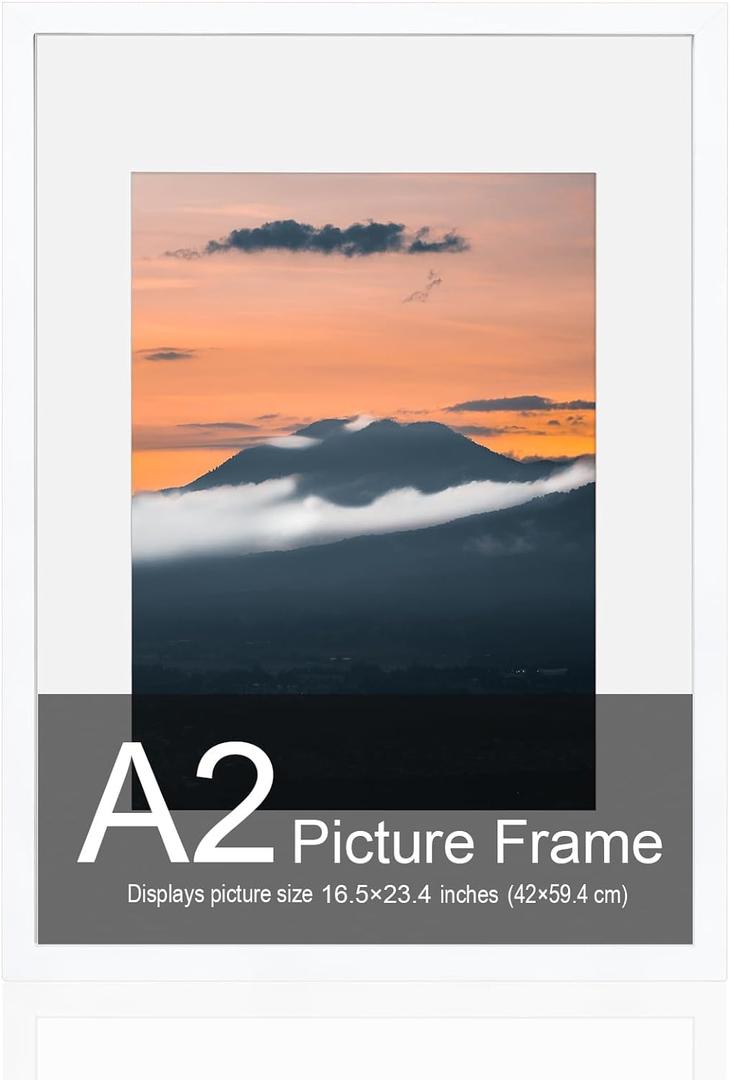 A2 Frame, 16.5 x 23.4 Frame A2 Picture Frame, Solid Wood White Poster Frame-Horizontal and Vertical Wall Hanging for Home, Exhibition, Caffe(White)