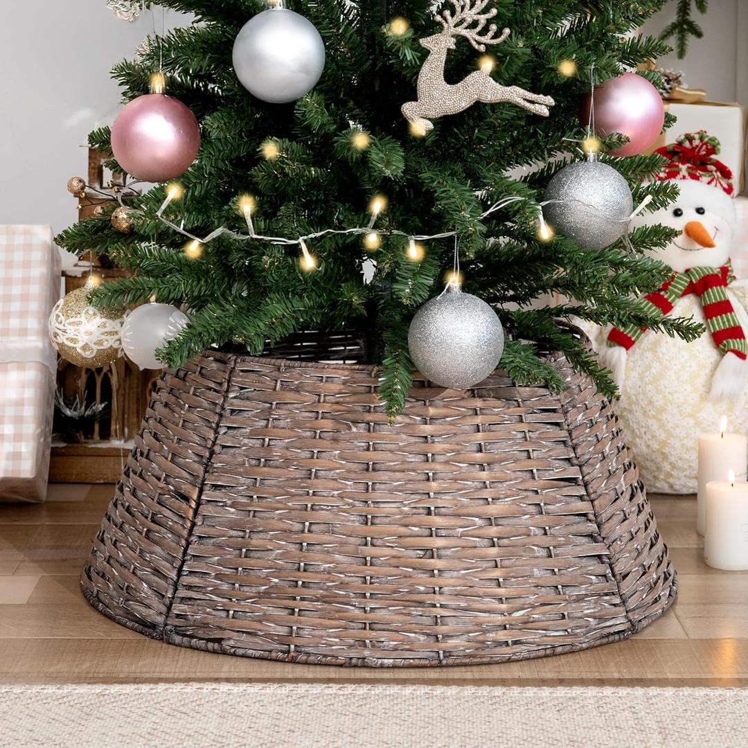 GRANNY SAYS 22" Small Wicker Christmas Tree Collars for Artificial Trees, 4-Piece Woven Tree Skirt Collar Stand for 4-7.5 ft Pencil Trees, Rustic Christmas Tree Base Cover for Decorations, Gray Brown