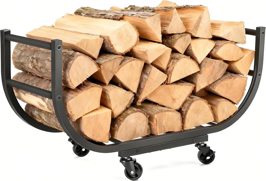30in Firewood Rack Outdoor - Indoor Firewood Holder Heavy Duty Firewood Carrier with Casters Stable Logs Rack Matte Black