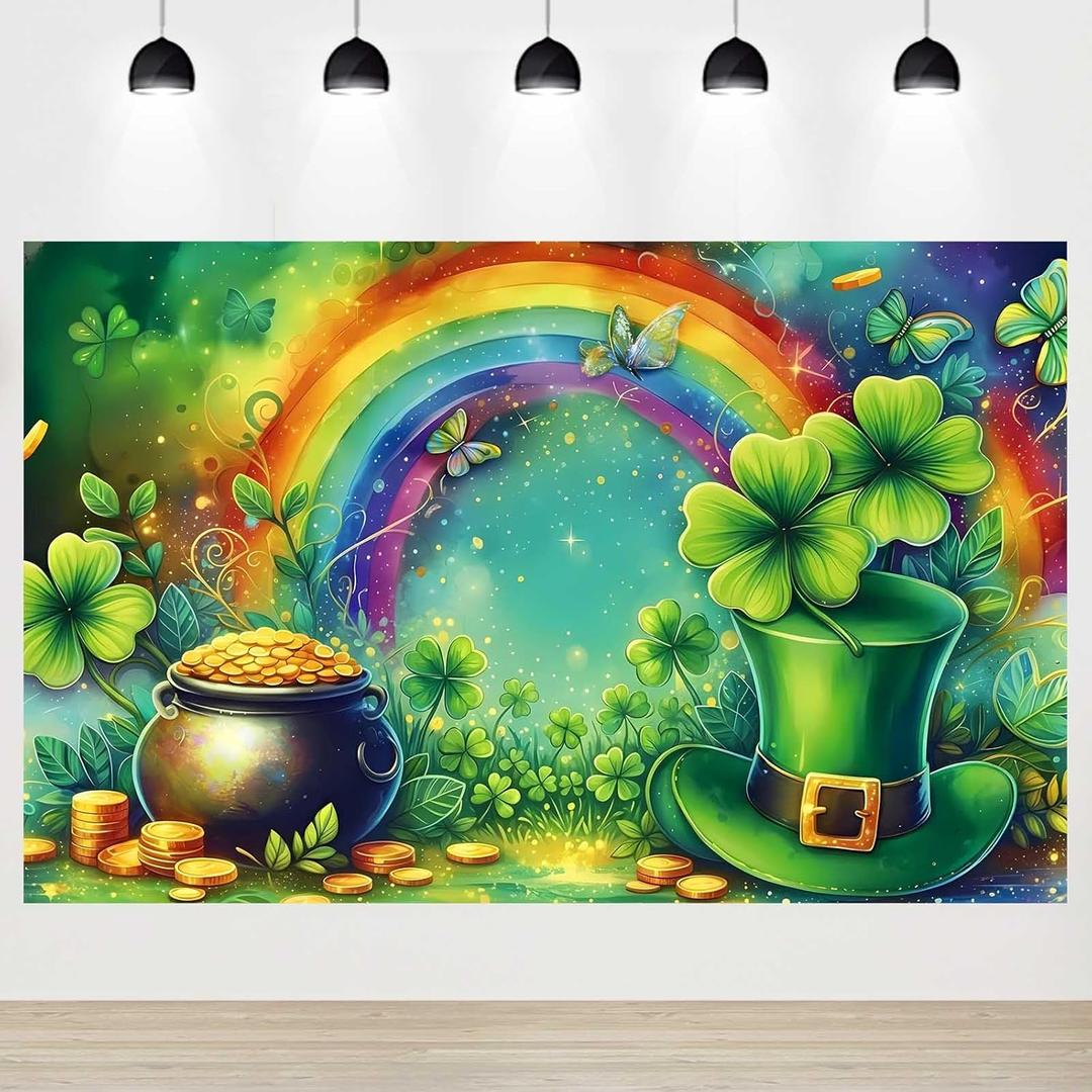 St Patrick's Day Backdrop Banner Rainbow Gold Coins Green Photography Backdrop Lucky Shamrock Clover for St Patrick's Day Party Decorations Banner 5.9x3.6ft7143inch, Rainbow