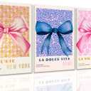 ZQARTZZQ Preppy Bow Wall Art Set of 3 Coquette Canvas Wall Decor Aesthetic Pictures Trendy Girly Wall Art Pink Blue Bow Prints Poster for Bedroom Living Room 16x24in