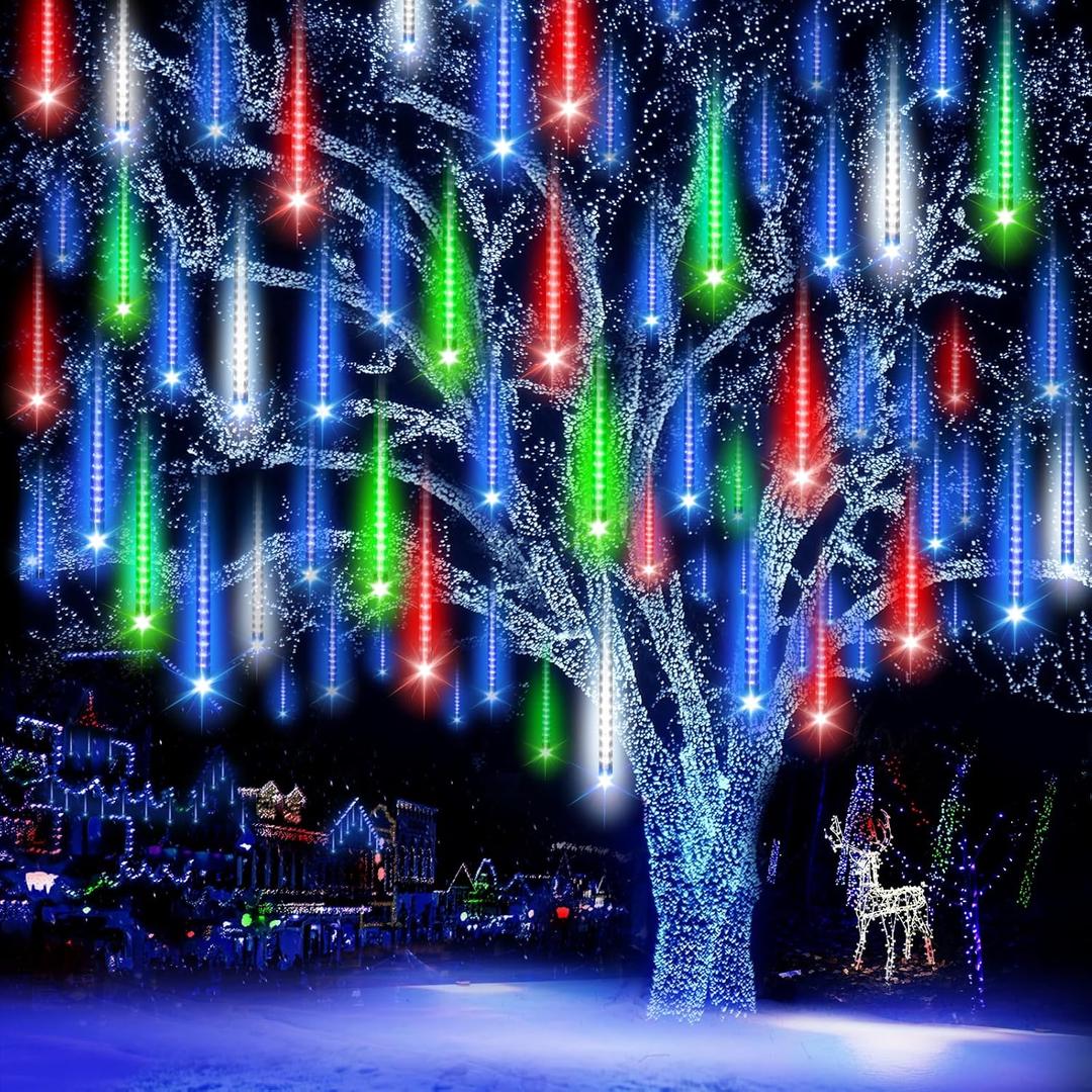 Christmas Lights Outdoor,24 Tubes 864 LED Meteor Shower Lights 12Inch, Waterproof Icicle Light Outdoor Christmas Decorations for Xmas Tree Yard Party, UL Plug, White (Multicolor)