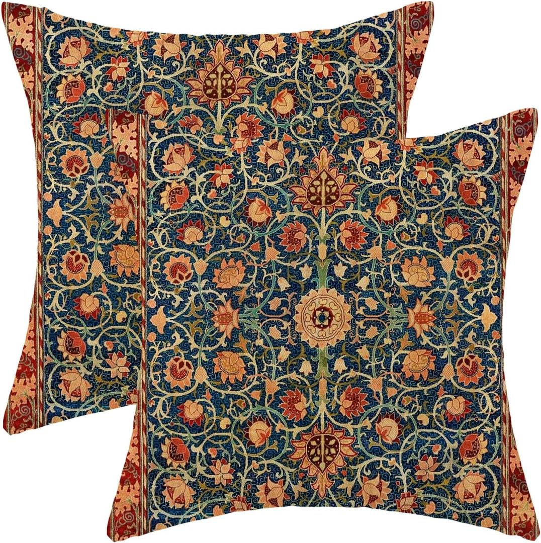 Boho Floral Pillow Covers 22x22 Set of 2, William Morris Flower Pattern Design Decorative Throw Pillows Bohemian Vintage Farmhouse Cushion Pillow Covers for Sofa Couch Bed Outdoor Decor