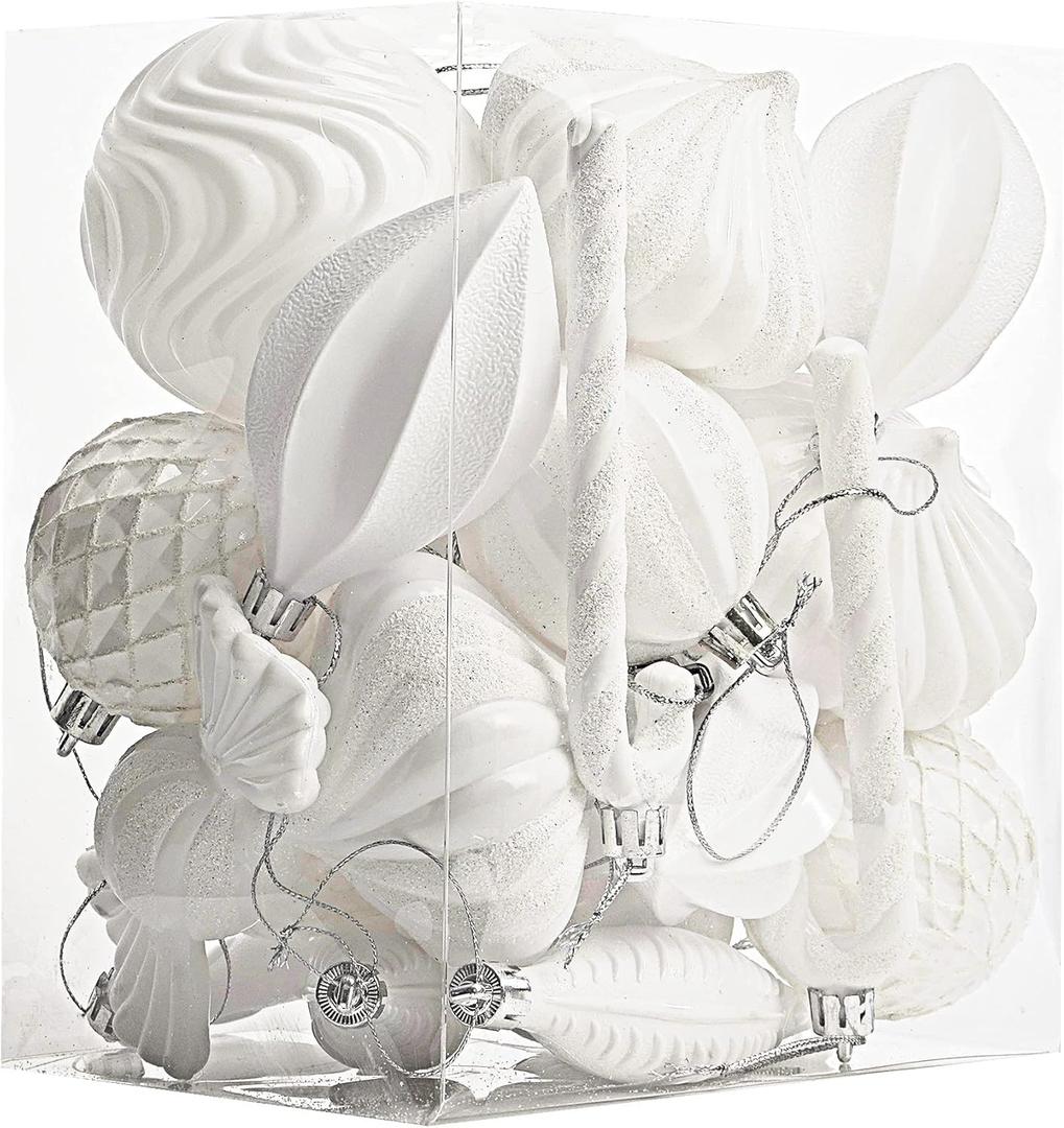 Christmas Ball Ornaments Shatterproof Plastic Tree Ornaments 24 PCS Shaped Styles Xmas Tree Holiday Decor, White