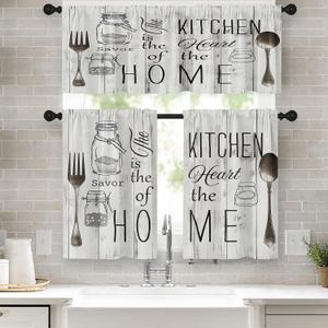 Emvency 36 Inch Kitchen Curtains White Farmhouse Rustic Window Curtains and Valances Set of 3, Vintage Fork Spoon Barn Country Wooden Wood Short Tier Curtain, Vintage Small Kitchen Decor