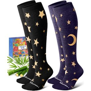 Bamboo Viscose Compression Socks for Women Men 2 Pairs 15-20mmHg Knee High Compression Socks Travel Nurse