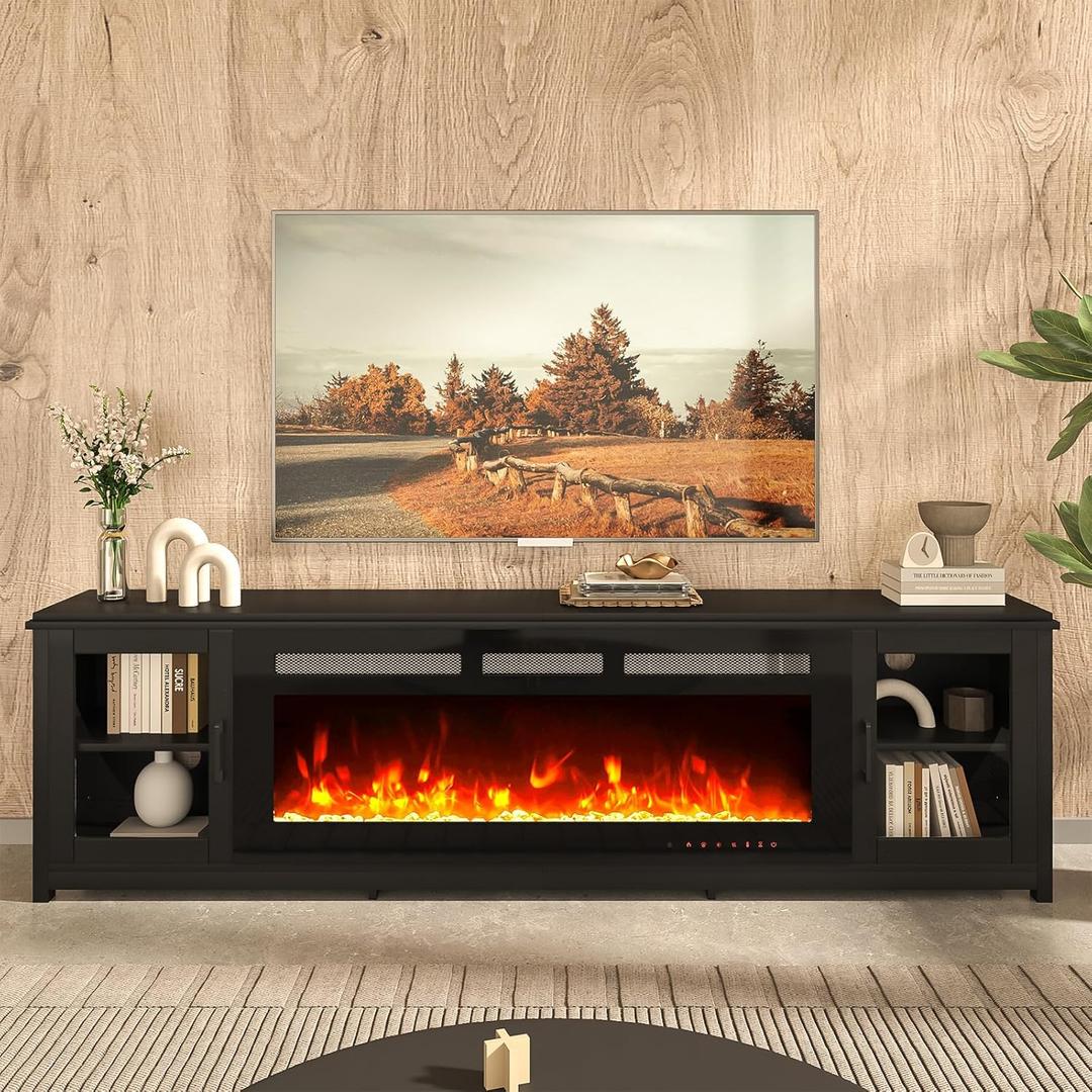oneinmil 80" Fireplace TV Stand, 50 Inch Electric Fireplace & Modern Entertainment Center, TV Console with Adjustable Shelf & Glass Door for TVs Up to 90", Fire Place TV Stands for Living Room, Black