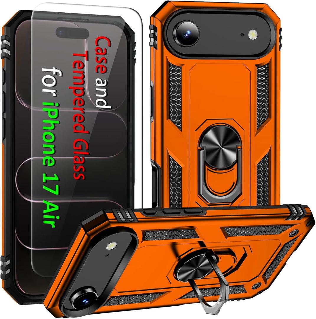 ADDIT i Phone 17 Air Case, for iPhone 17 Air Case with Tempered Glass Screen Protector, Adjustable Kickstand Ring, Military-Grade Heavy Duty Protection, Shockproof, Anti-Fingerprint,Orange